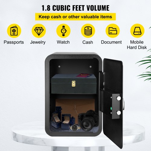 VEVOR Safe Box, 1.8 Cubic Feet Money Safe with Fingerprint Lock and Key Lock, Alloy Steel Home Safes with A Removable Shelf, Wall-Mounted Security Safe for Cash, Jewelry, Passports, Documents (Black)