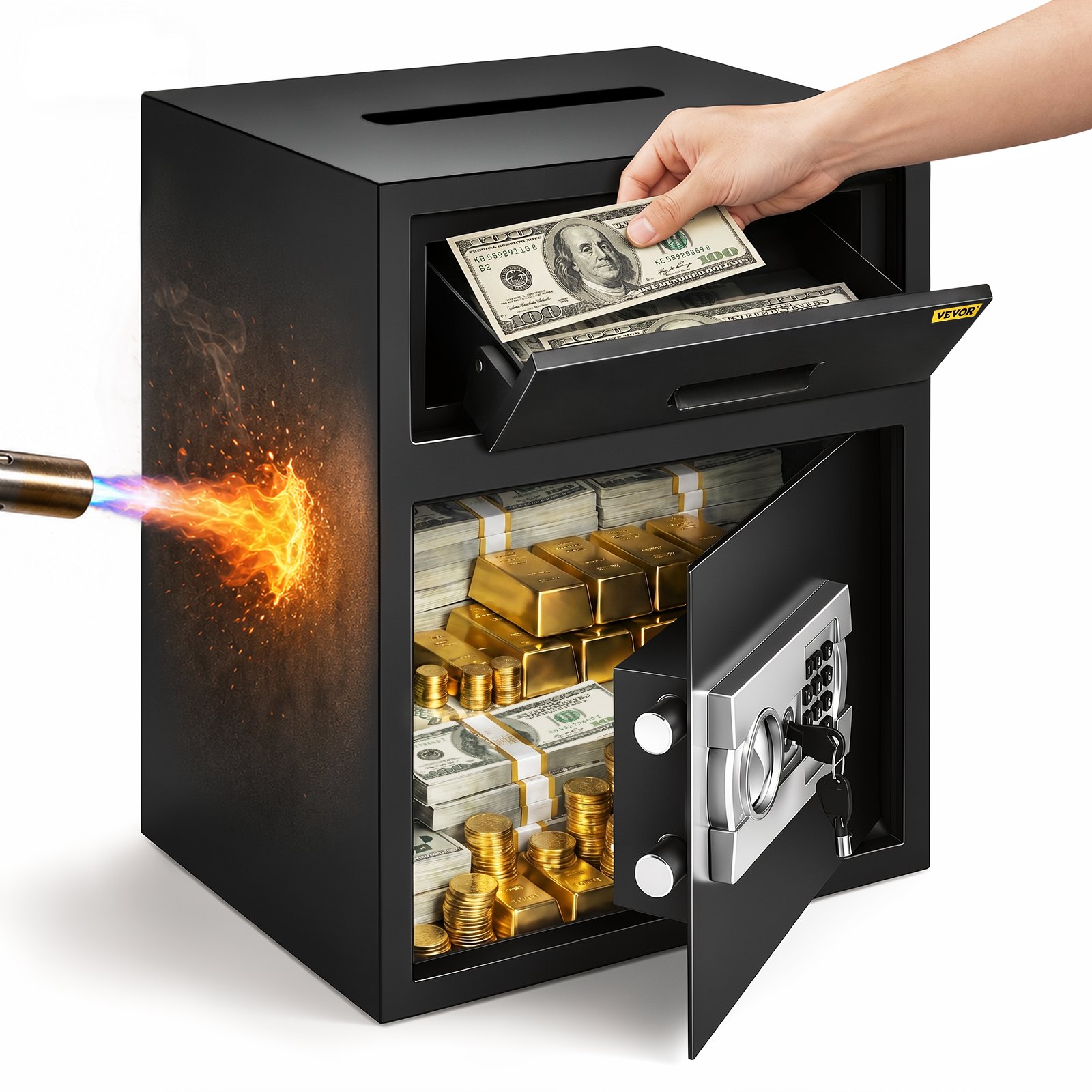 VEVOR Digital Depository Safe 1.7 Cubic Feet Made of Carbon Steel Electronic Code Lock Depository Safe with Deposit Slot with Two Emergency Keys Depository Box for Home Hotel Restaurant and Office