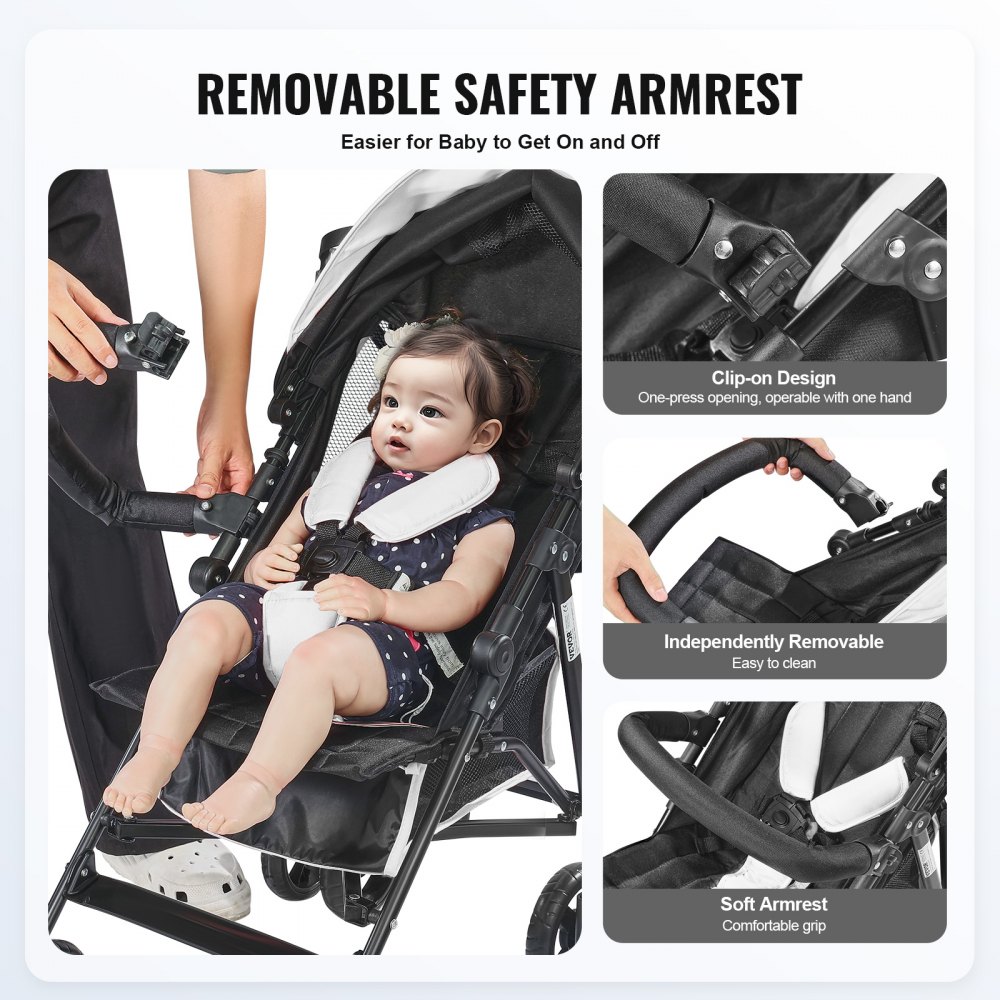 VEVOR Lightweight Stroller, Compact Easy Fold MultiPosition Recline Canopy Backrest, Carbon Steel Frame, Large Storage Basket, Umbrella Toddler Baby Stroller for Travel and More, Black/White
