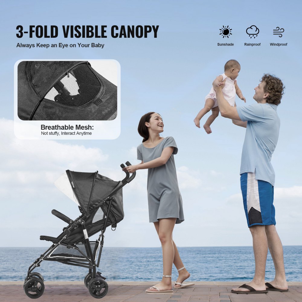 VEVOR Lightweight Stroller, Compact Easy Fold MultiPosition Recline Canopy Backrest, Carbon Steel Frame, Large Storage Basket, Umbrella Toddler Baby Stroller for Travel and More, Black/White