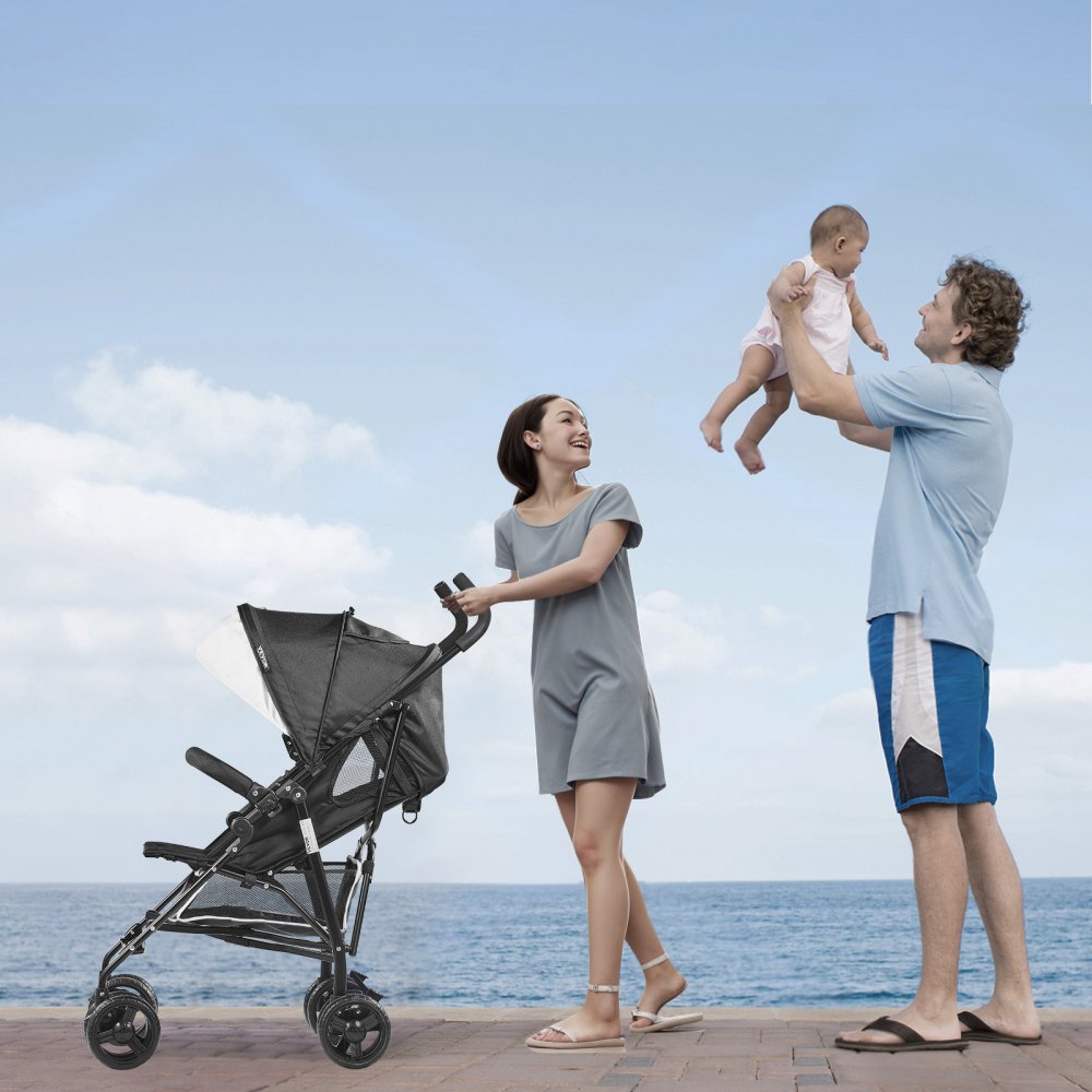 VEVOR Lightweight Stroller, Compact Easy Fold MultiPosition Recline Canopy Backrest, Carbon Steel Frame, Large Storage Basket, Umbrella Toddler Baby Stroller for Travel and More, Black/White