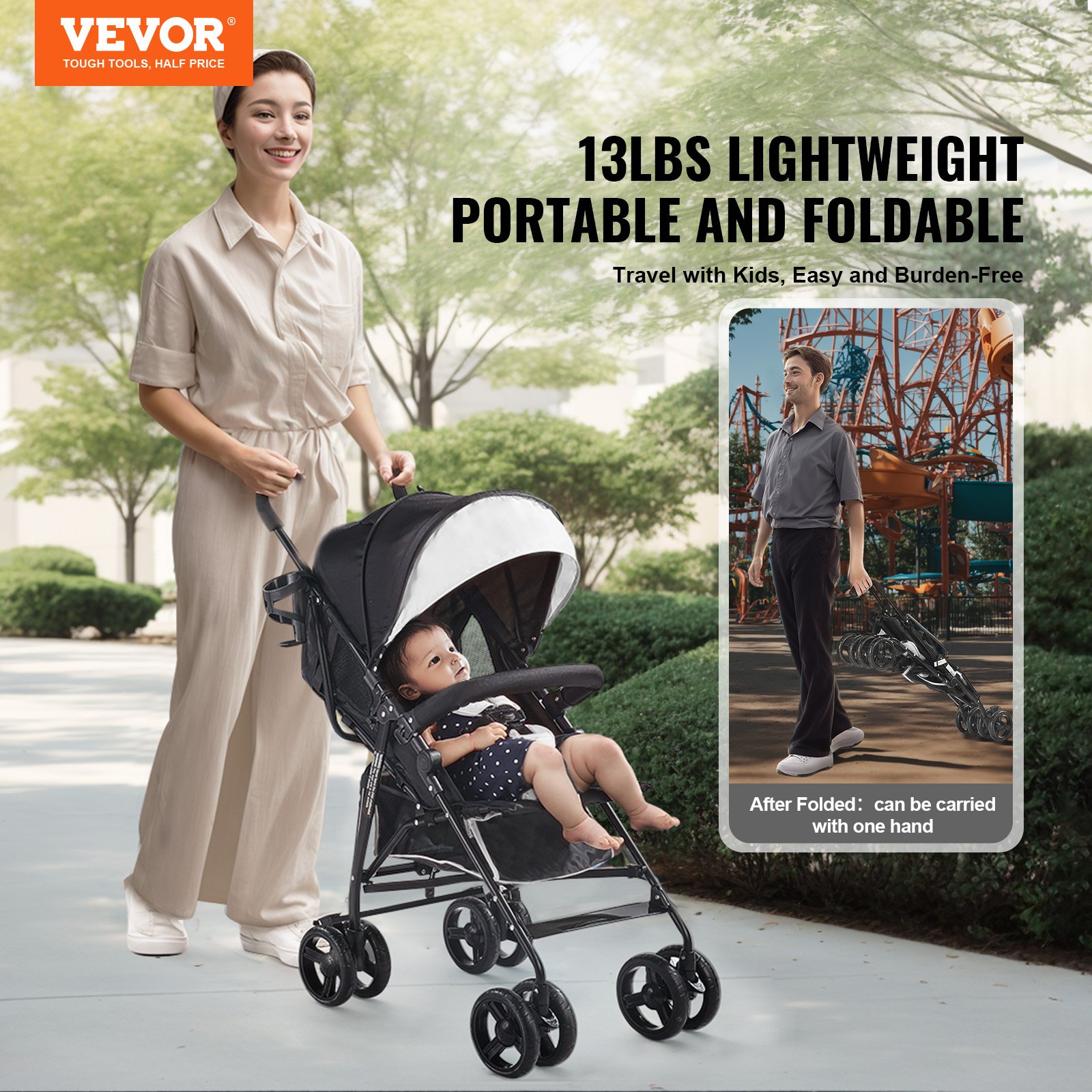 VEVOR Lightweight Stroller, Compact Easy Fold MultiPosition Recline Canopy Backrest, Carbon Steel Frame, Large Storage Basket, Umbrella Toddler Baby Stroller for Travel and More, Black/White