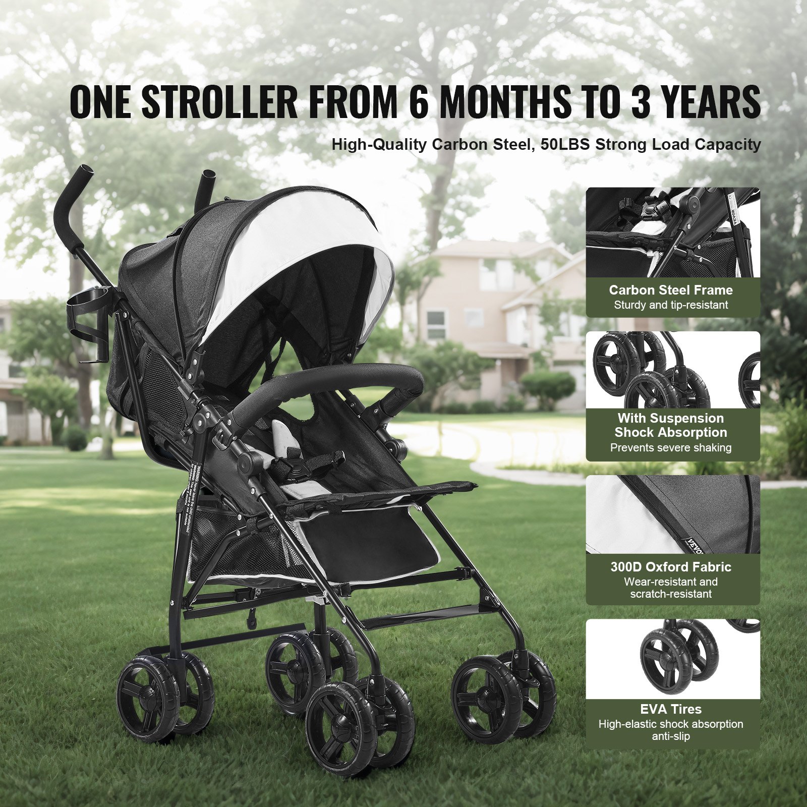 VEVOR Lightweight Stroller, Compact Easy Fold MultiPosition Recline Canopy Backrest, Carbon Steel Frame, Large Storage Basket, Umbrella Toddler Baby Stroller for Travel and More, Black/White