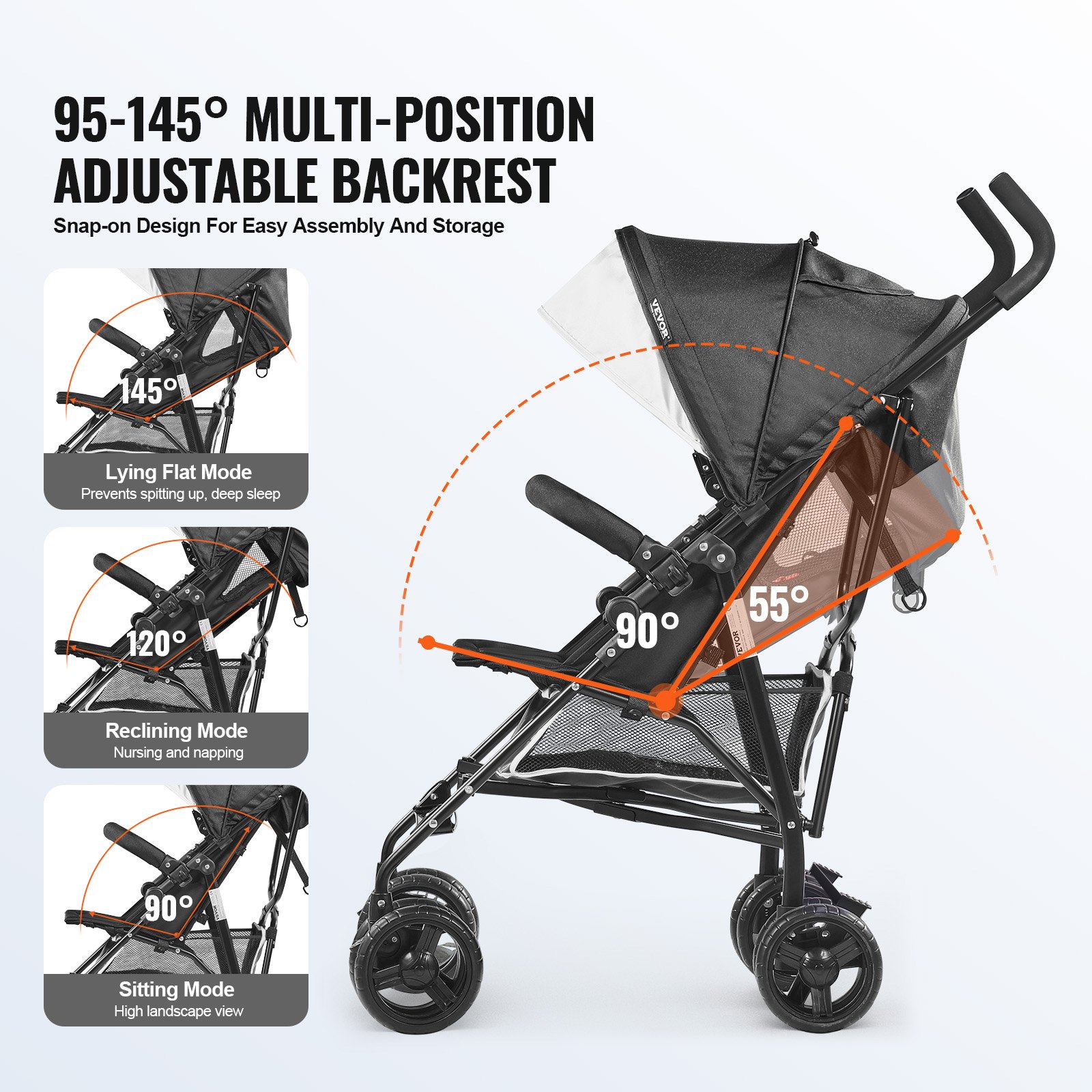 VEVOR Lightweight Stroller, Compact Easy Fold MultiPosition Recline Canopy Backrest, Carbon Steel Frame, Large Storage Basket, Umbrella Toddler Baby Stroller for Travel and More, Black/White