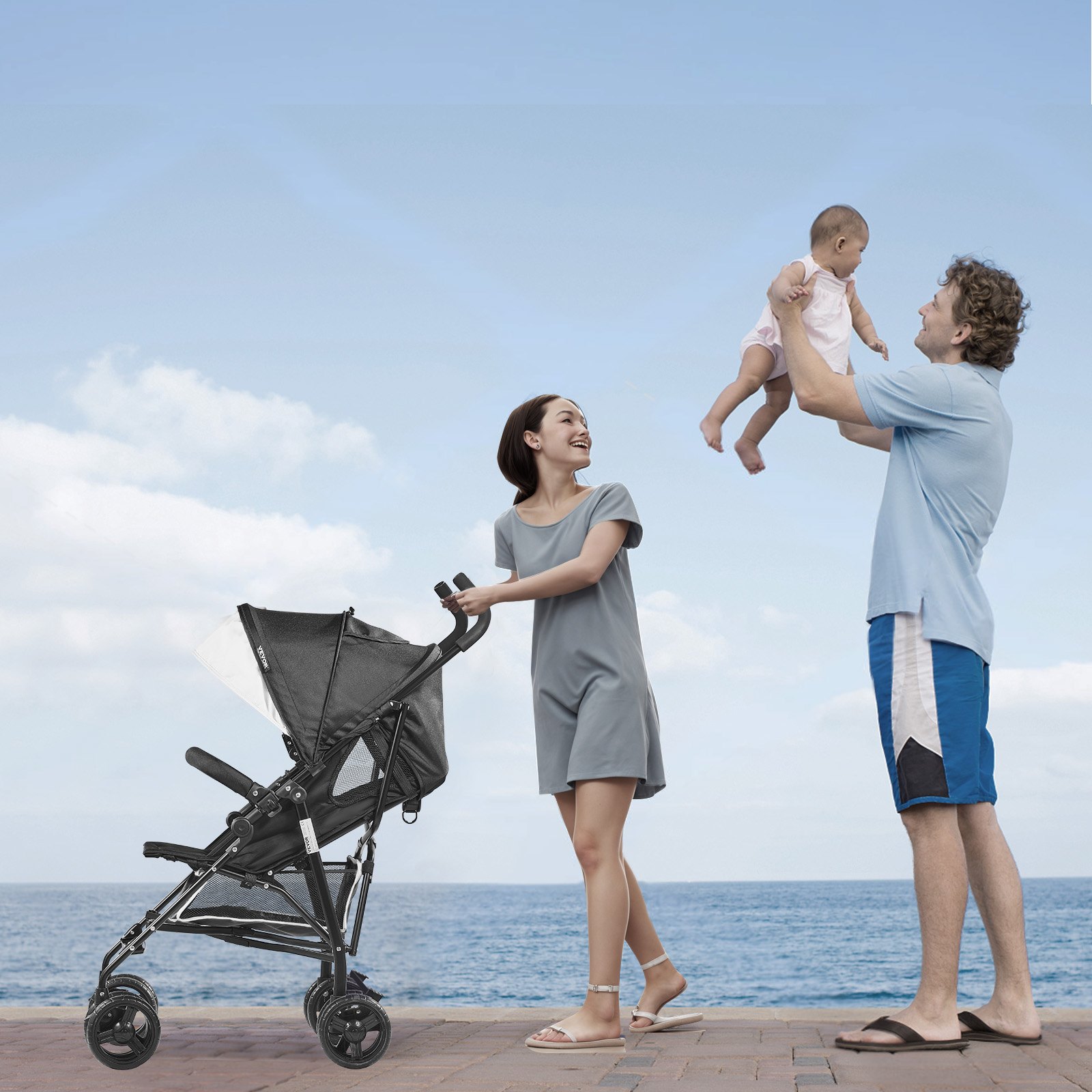 VEVOR Lightweight Stroller, Compact Easy Fold MultiPosition Recline Canopy Backrest, Carbon Steel Frame, Large Storage Basket, Umbrella Toddler Baby Stroller for Travel and More, Black/White
