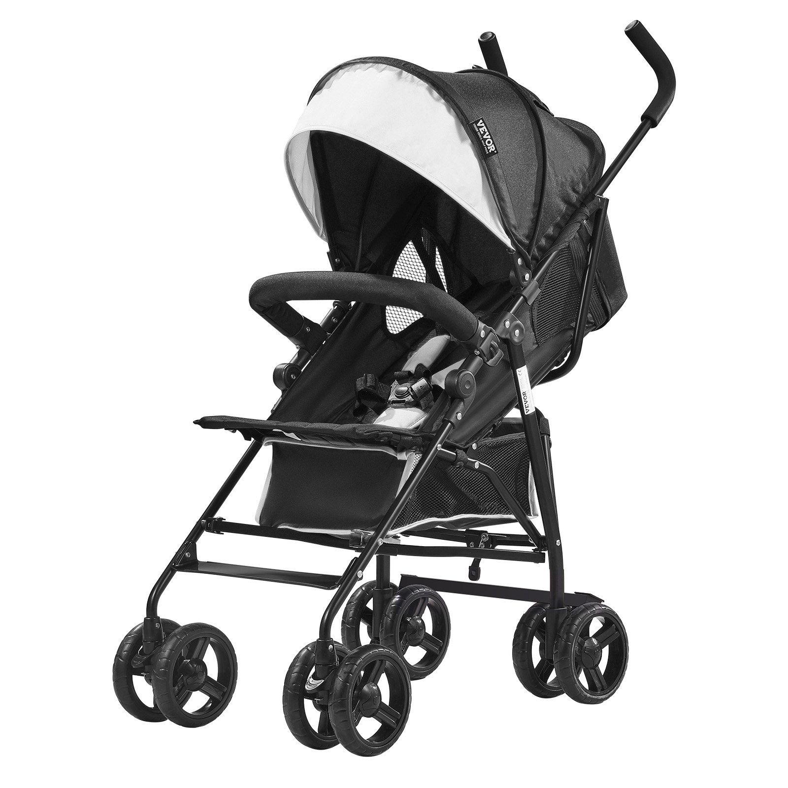 VEVOR Lightweight Stroller, Compact Easy Fold MultiPosition Recline Canopy Backrest, Carbon Steel Frame, Large Storage Basket, Umbrella Toddler Baby Stroller for Travel and More, Black/White