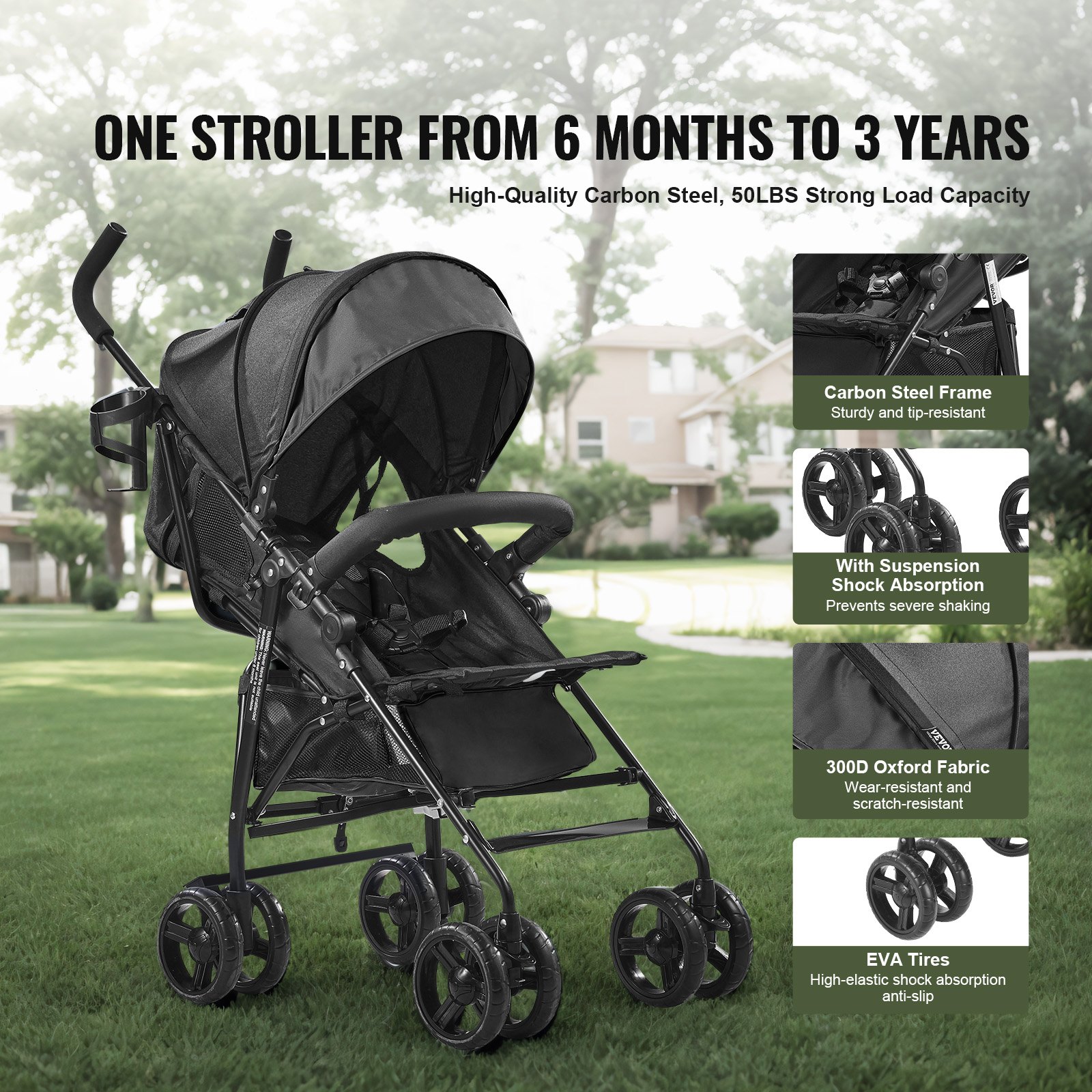 VEVOR Lightweight Stroller, Compact Easy Fold MultiPosition Recline Canopy Backrest, Carbon Steel Frame, Large Storage Basket,Cup Holder, Umbrella Toddler Baby Stroller for Travel and More, Black