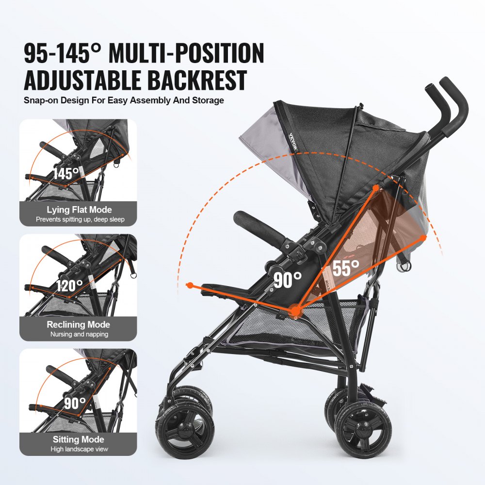 VEVOR Lightweight Stroller, Compact Easy Fold MultiPosition Recline Canopy Backrest, Carbon Steel Frame, Large Storage Basket,Cup Holder, Umbrella Toddler Baby Stroller for Travel, Light Gray/Black