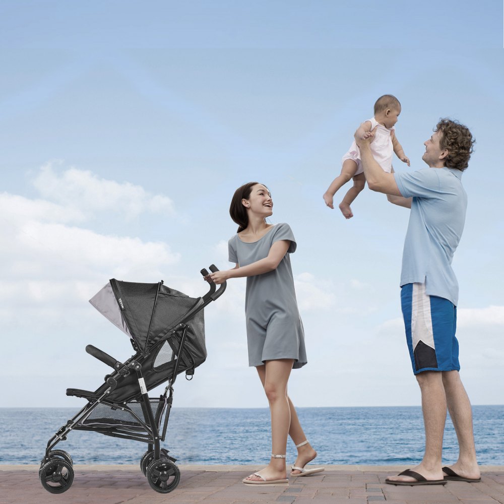 VEVOR Lightweight Stroller, Compact Easy Fold MultiPosition Recline Canopy Backrest, Carbon Steel Frame, Large Storage Basket,Cup Holder, Umbrella Toddler Baby Stroller for Travel, Light Gray/Black
