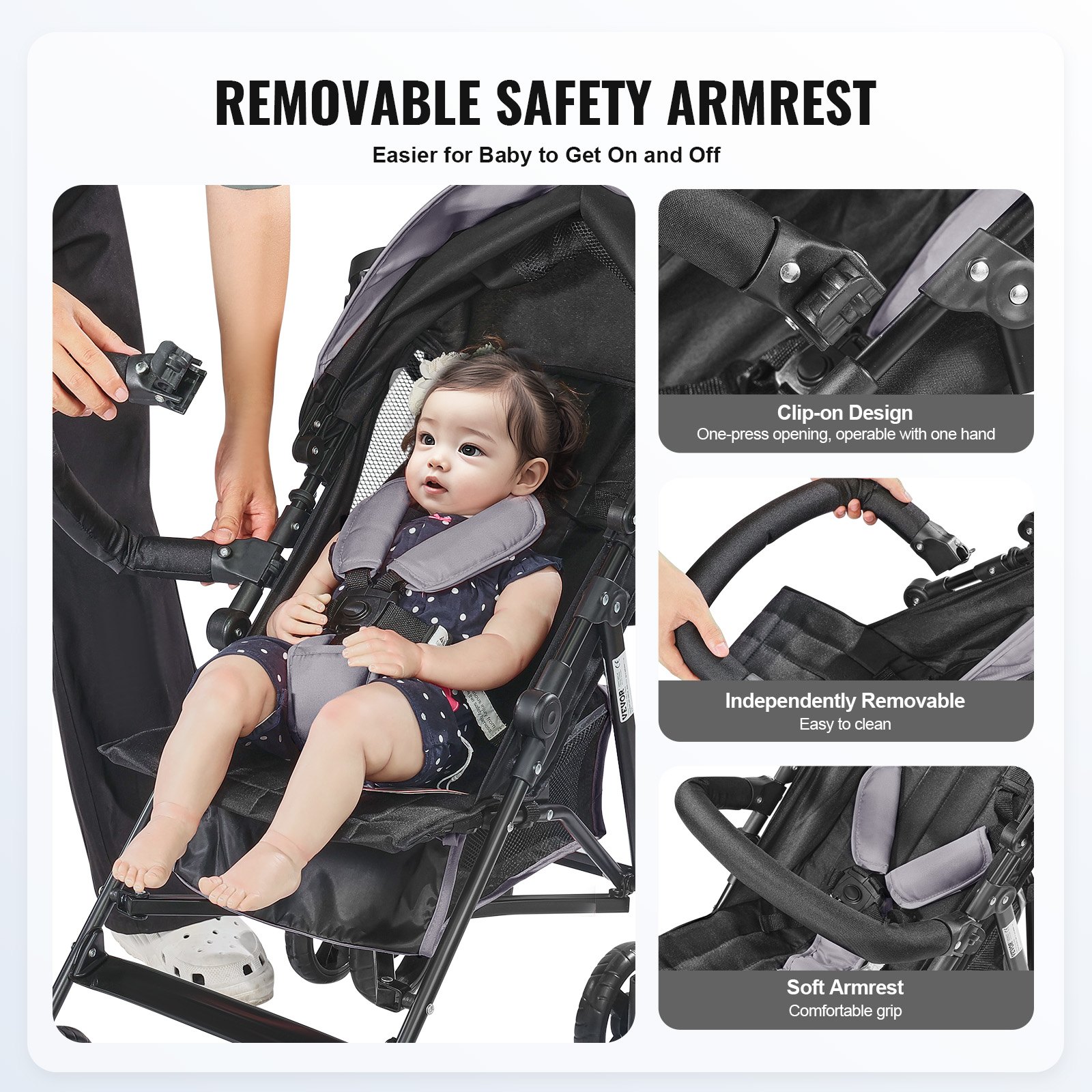 VEVOR Lightweight Stroller, Compact Easy Fold MultiPosition Recline Canopy Backrest, Carbon Steel Frame, Large Storage Basket,Cup Holder, Umbrella Toddler Baby Stroller for Travel, Light Gray/Black