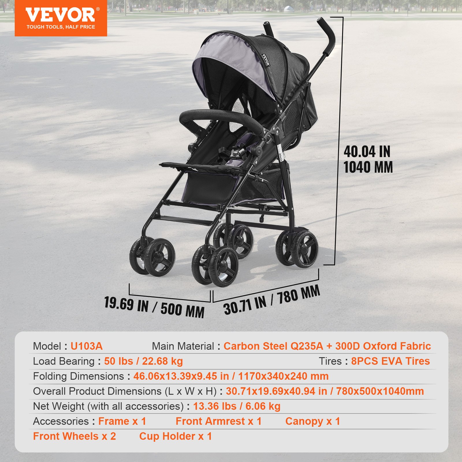 VEVOR Lightweight Stroller, Compact Easy Fold MultiPosition Recline Canopy Backrest, Carbon Steel Frame, Large Storage Basket,Cup Holder, Umbrella Toddler Baby Stroller for Travel, Light Gray/Black