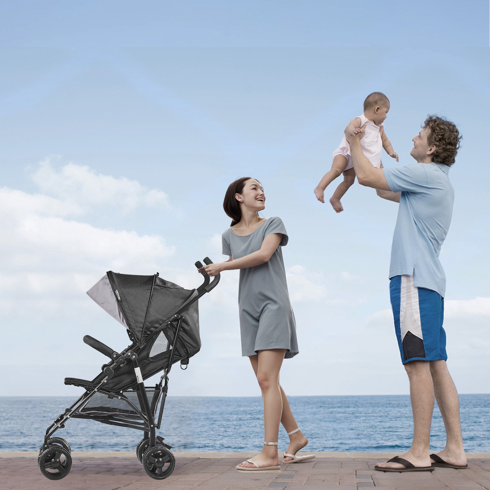 VEVOR Lightweight Stroller, Compact Easy Fold MultiPosition Recline Canopy Backrest, Carbon Steel Frame, Large Storage Basket,Cup Holder, Umbrella Toddler Baby Stroller for Travel, Light Gray/Black