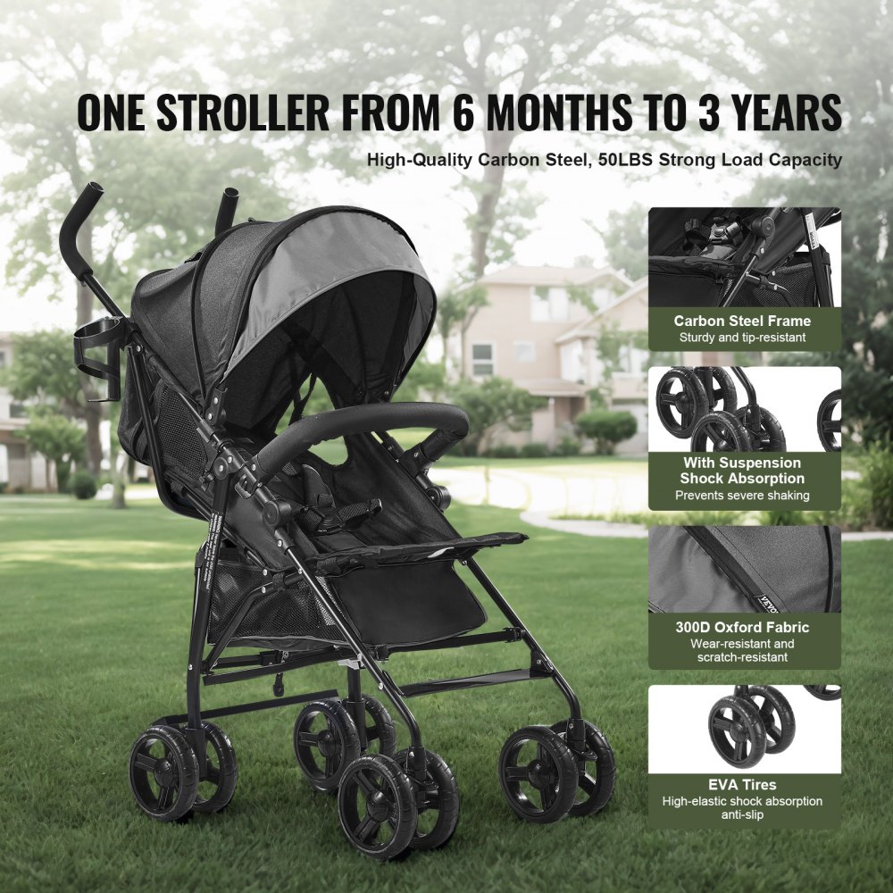 VEVOR Lightweight Stroller, Compact Easy Fold MultiPosition Recline Canopy Backrest, Carbon Steel Frame, Large Storage Basket,Cup Holder, Umbrella Toddler Baby Stroller for Travel, Dark Gray/Black