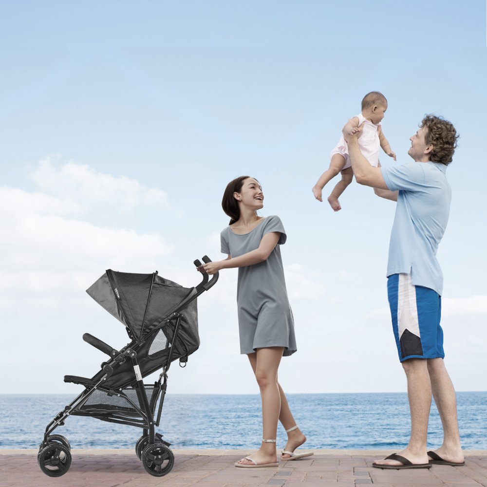 VEVOR Lightweight Stroller, Compact Easy Fold MultiPosition Recline Canopy Backrest, Carbon Steel Frame, Large Storage Basket,Cup Holder, Umbrella Toddler Baby Stroller for Travel, Dark Gray/Black