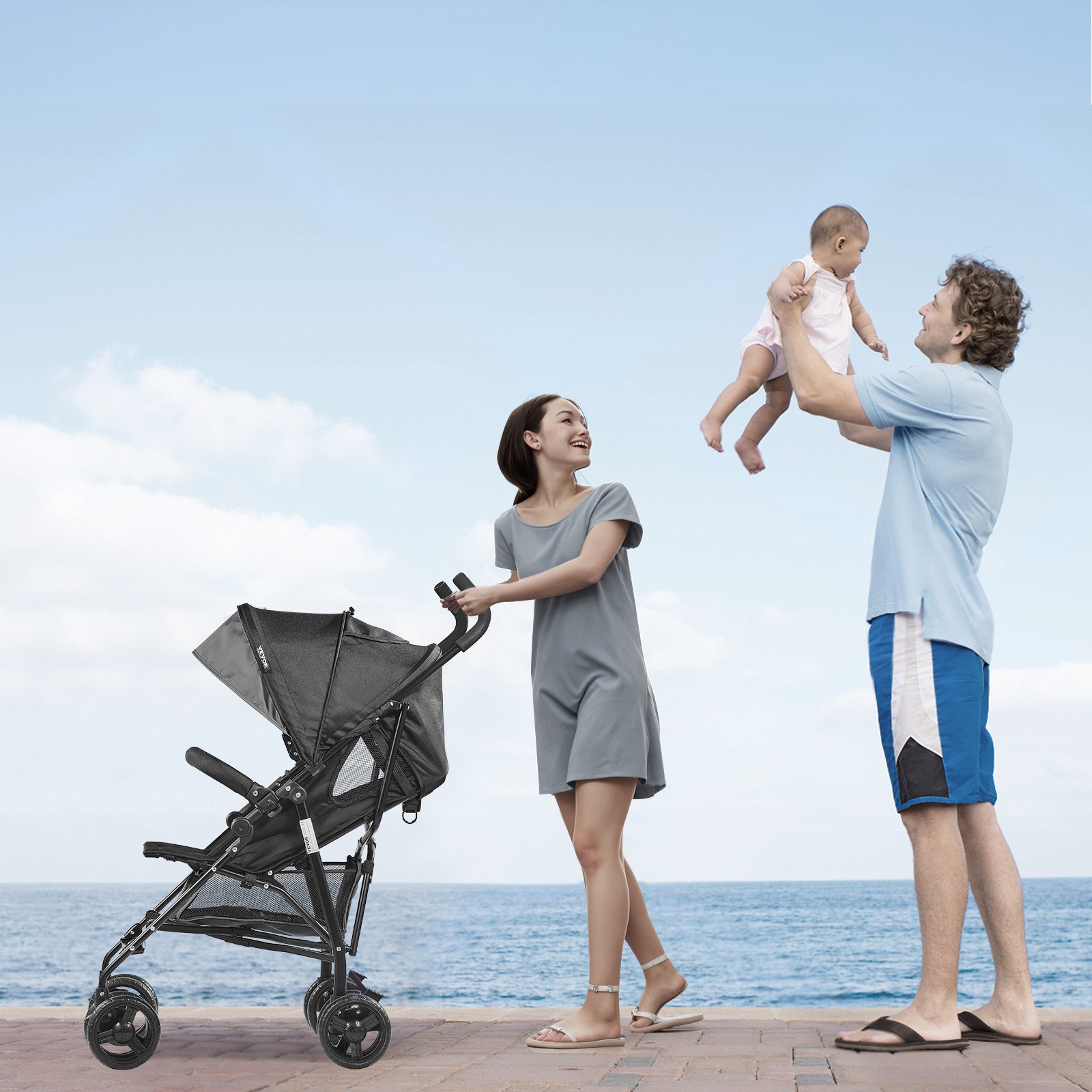 VEVOR Lightweight Stroller, Compact Easy Fold MultiPosition Recline Canopy Backrest, Carbon Steel Frame, Large Storage Basket,Cup Holder, Umbrella Toddler Baby Stroller for Travel, Dark Gray/Black