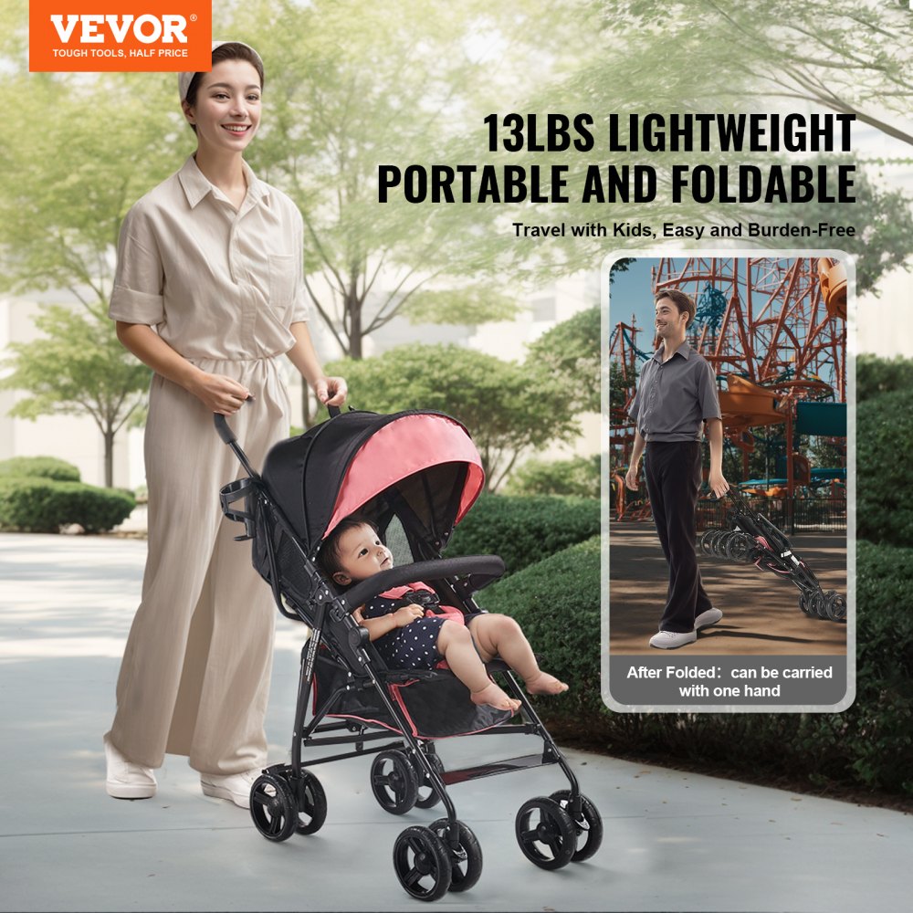 VEVOR Lightweight Stroller, Compact Easy Fold MultiPosition Recline Canopy Backrest, Carbon Steel Frame, Large Storage Basket, Umbrella Toddler Baby Stroller for Travel and More, Black/Pink