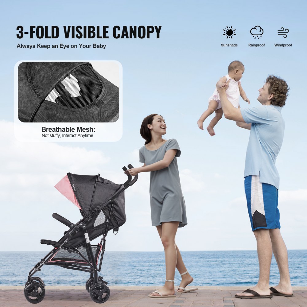 VEVOR Lightweight Stroller, Compact Easy Fold MultiPosition Recline Canopy Backrest, Carbon Steel Frame, Large Storage Basket, Umbrella Toddler Baby Stroller for Travel and More, Black/Pink