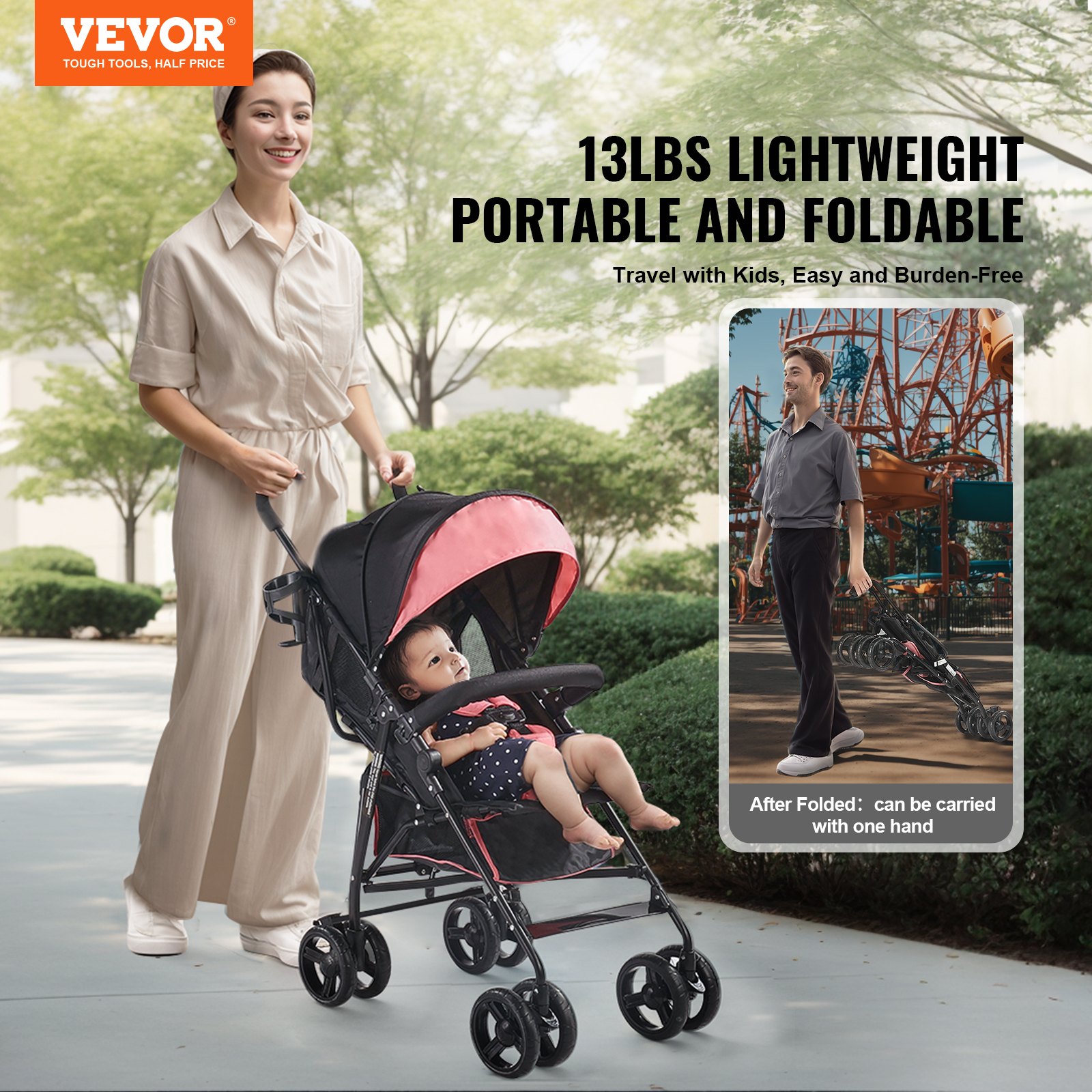 VEVOR Lightweight Stroller, Compact Easy Fold MultiPosition Recline Canopy Backrest, Carbon Steel Frame, Large Storage Basket, Umbrella Toddler Baby Stroller for Travel and More, Black/Pink