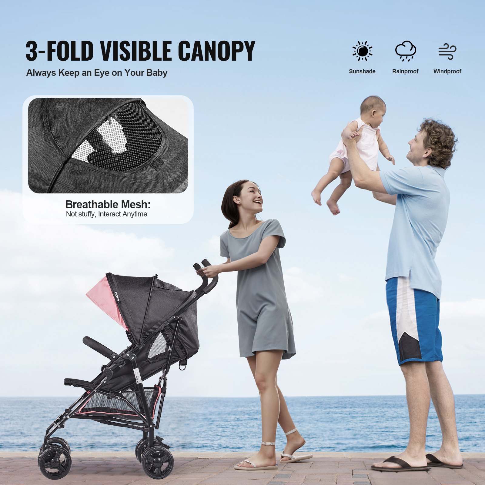 VEVOR Lightweight Stroller, Compact Easy Fold MultiPosition Recline Canopy Backrest, Carbon Steel Frame, Large Storage Basket, Umbrella Toddler Baby Stroller for Travel and More, Black/Pink
