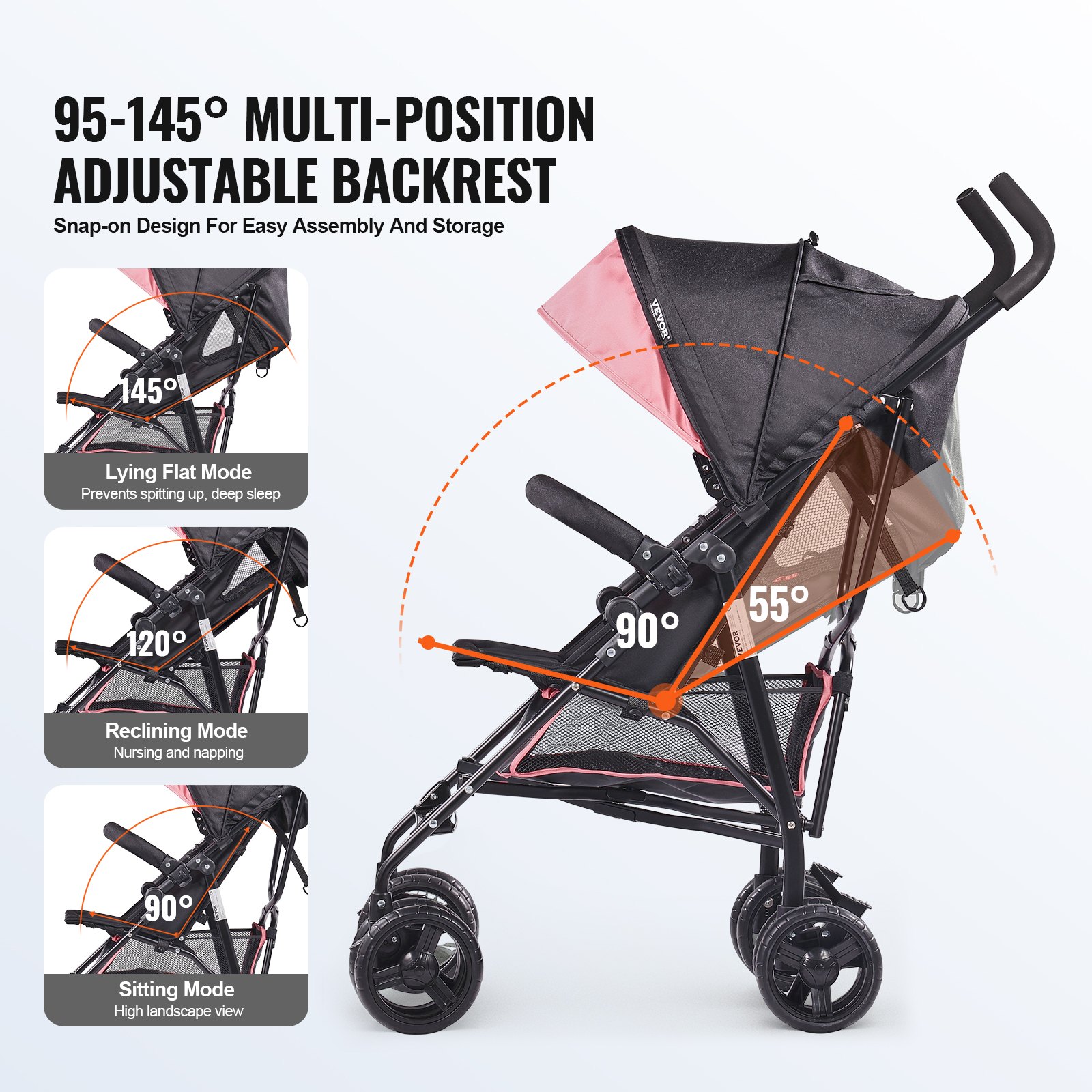 VEVOR Lightweight Stroller, Compact Easy Fold MultiPosition Recline Canopy Backrest, Carbon Steel Frame, Large Storage Basket, Umbrella Toddler Baby Stroller for Travel and More, Black/Pink
