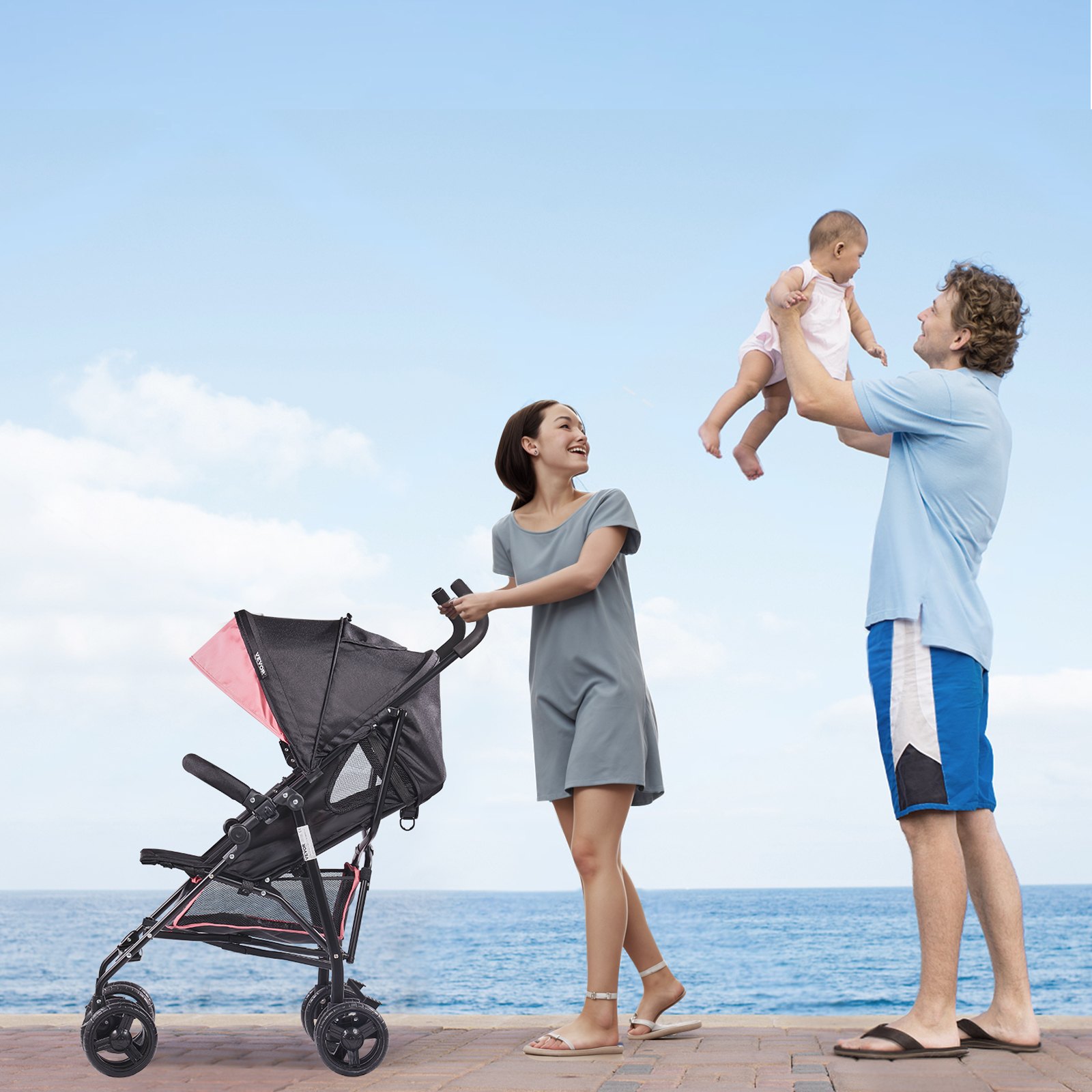 VEVOR Lightweight Stroller, Compact Easy Fold MultiPosition Recline Canopy Backrest, Carbon Steel Frame, Large Storage Basket, Umbrella Toddler Baby Stroller for Travel and More, Black/Pink