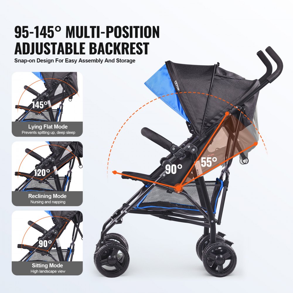 VEVOR Lightweight Stroller, Compact Easy Fold MultiPosition Recline Canopy Backrest, Carbon Steel Frame, Large Storage Basket, Umbrella Toddler Baby Stroller for Travel and More, Black/Blue