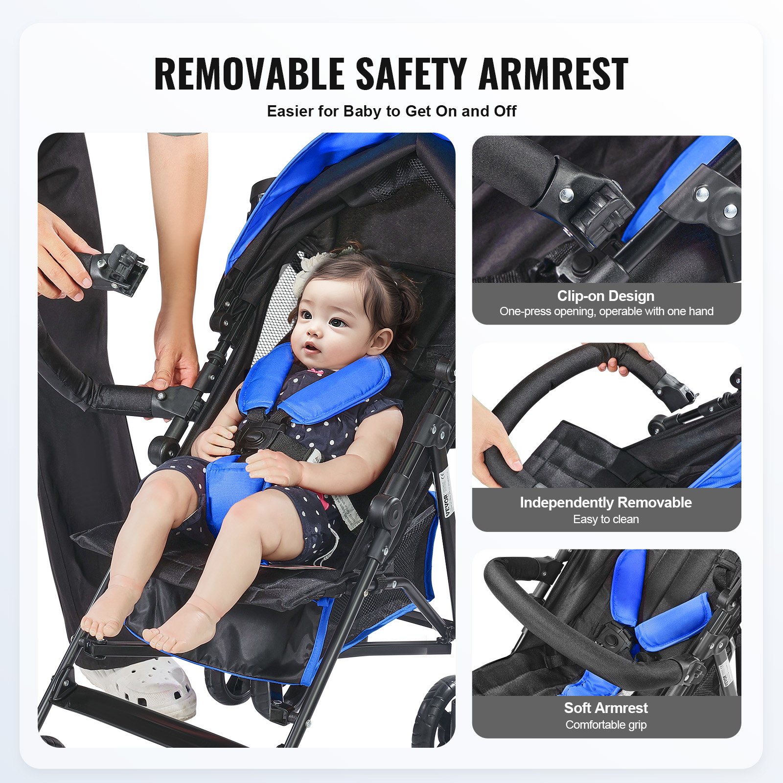 VEVOR Lightweight Stroller, Compact Easy Fold MultiPosition Recline Canopy Backrest, Carbon Steel Frame, Large Storage Basket, Umbrella Toddler Baby Stroller for Travel and More, Black/Blue