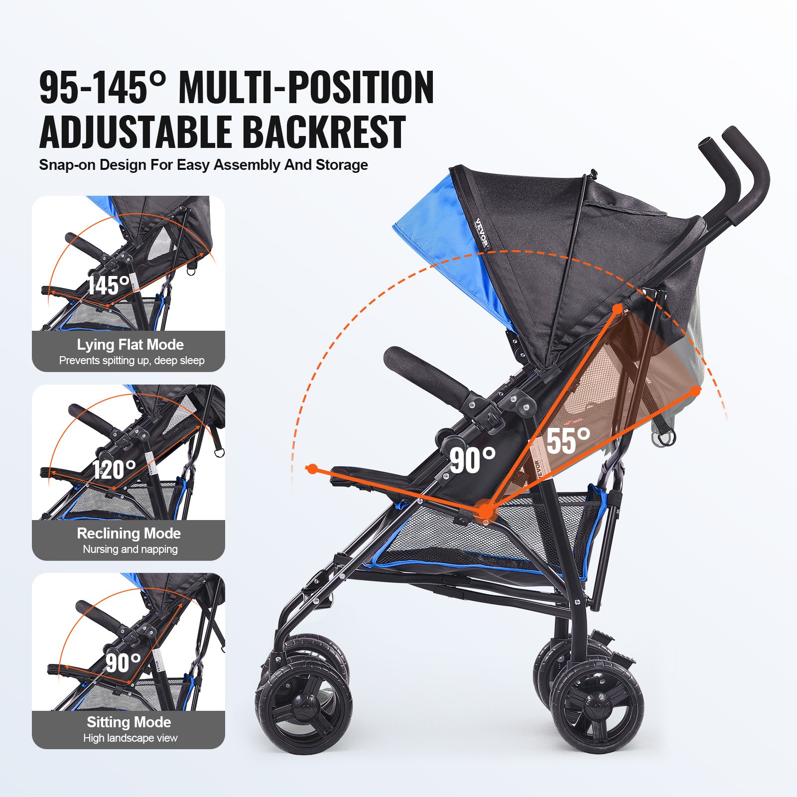 VEVOR Lightweight Stroller, Compact Easy Fold MultiPosition Recline Canopy Backrest, Carbon Steel Frame, Large Storage Basket, Umbrella Toddler Baby Stroller for Travel and More, Black/Blue