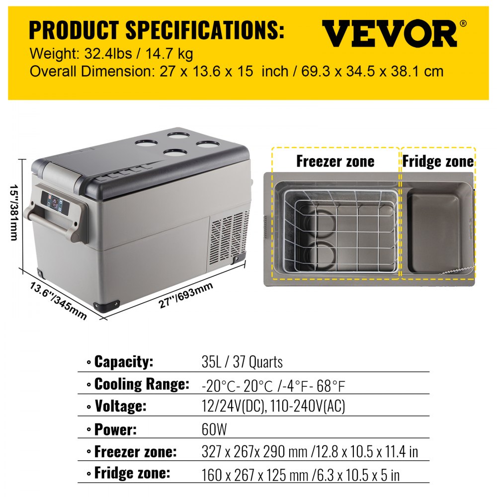 VEVOR Car Refrigerator 35L Car fridge 12/24 v Compressor Car Mini Fridge Portable Car Refrigerator Freezer Vehicle Truck RV Boat Electric Cooler for Driving Travel Fishing Outdoor and Home Use