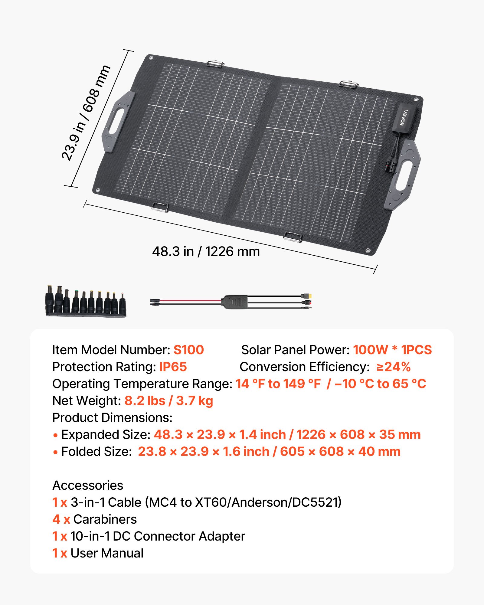 VEVOR 100W Bifacial Solar Panel, 16BB N-Type Foldable Monocrystalline Solar Panel Charger 24% Efficiency, Portable with MC4 Output, USB-A (QC3.0), Type-C & DC Ports for Power Stations Camping Hiking