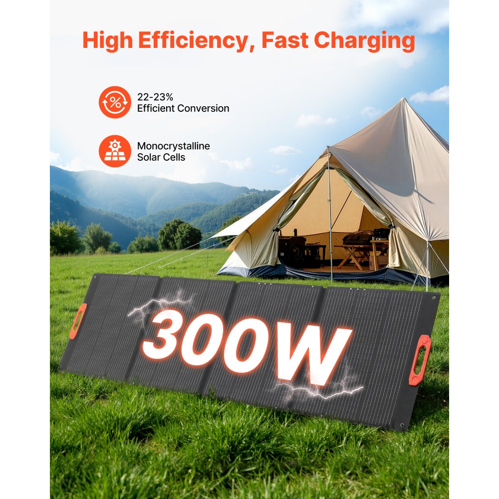 VEVOR 300W Foldable Monocrystalline Solar Panel, 23% High-Efficiency Portable Mono Solar Panel Charger with MC4 Output & 10-in-1 DC Adapters, IP67 Waterproof for Power Stations, Camping, Hiking Trips