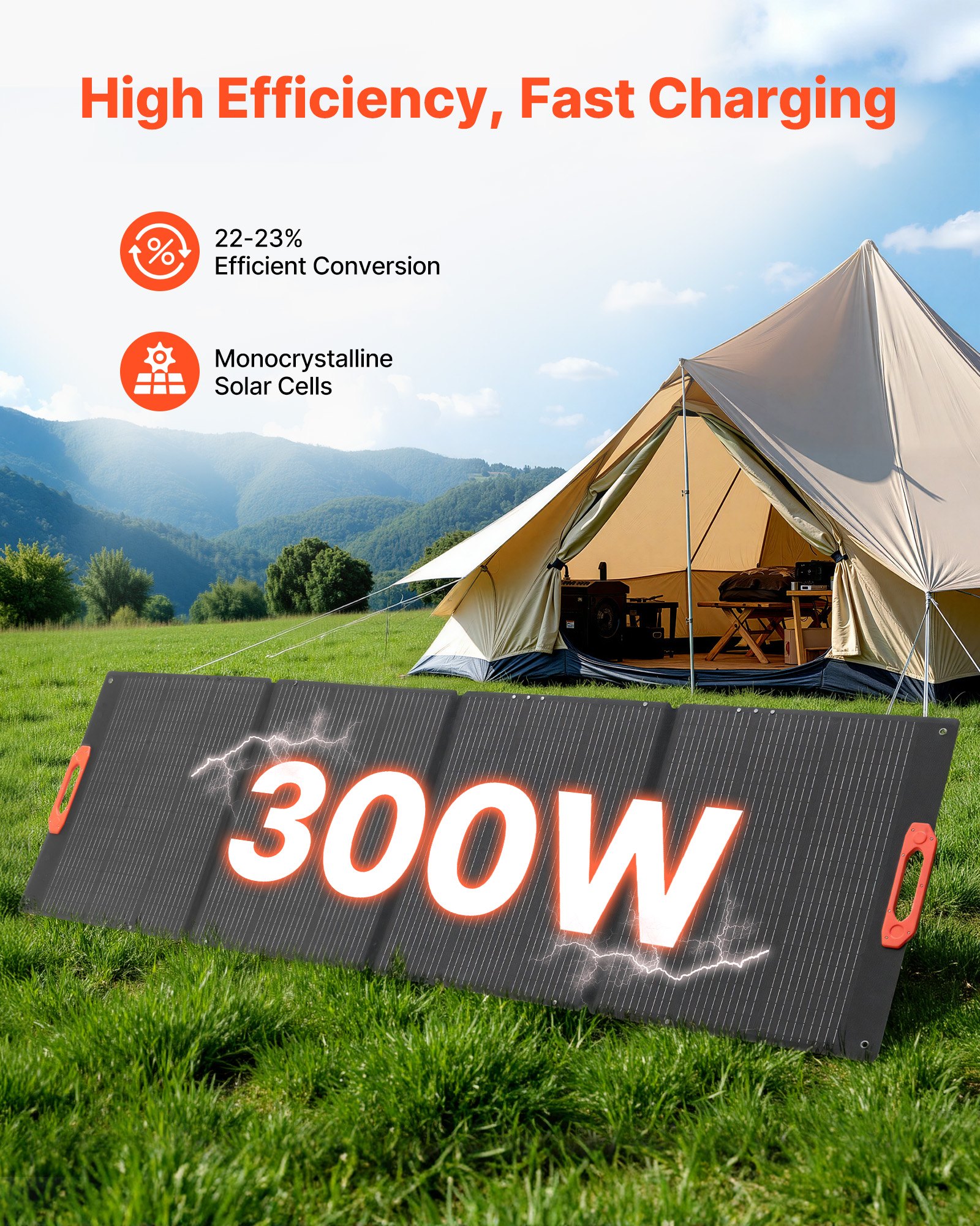 VEVOR 300W Foldable Monocrystalline Solar Panel, 23% High-Efficiency Portable Mono Solar Panel Charger with MC4 Output & 10-in-1 DC Adapters, IP67 Waterproof for Power Stations, Camping, Hiking Trips