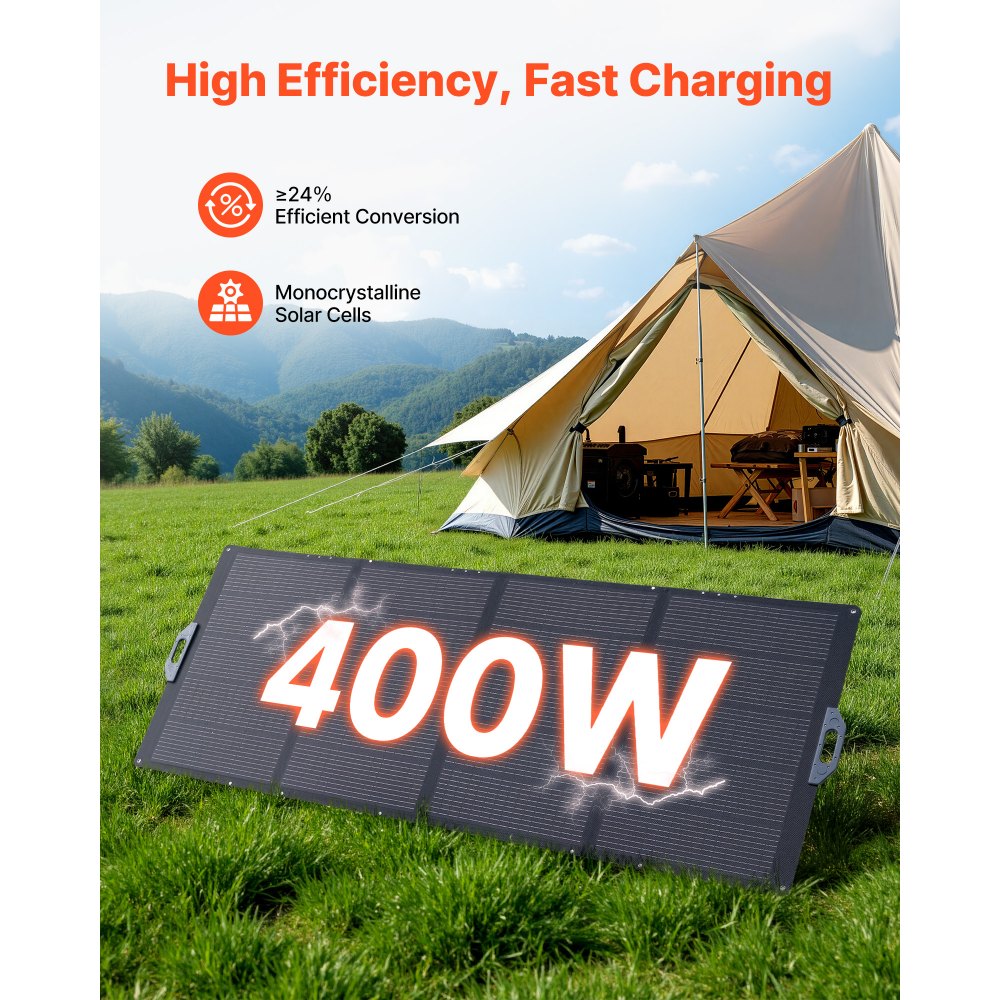 VEVOR 400W Foldable Solar Panel, 24% High-Efficiency Portable Monocrystalline Solar Panel Charger with MC4 Output & 10-in-1 DC Adapter, IP67 Waterproof for Power Stations, Camping, Hiking Trips