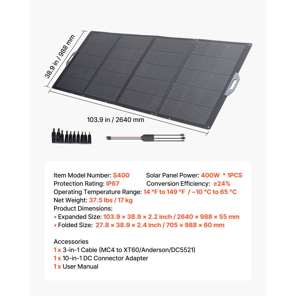 VEVOR 400W Foldable Solar Panel, 24% High-Efficiency Portable Monocrystalline Solar Panel Charger with MC4 Output & 10-in-1 DC Adapter, IP67 Waterproof for Power Stations, Camping, Hiking Trips