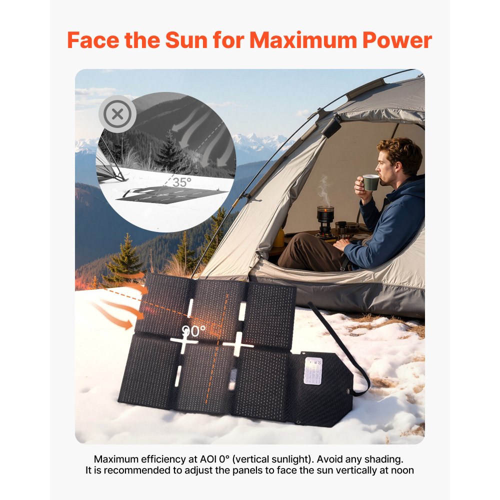 VEVOR 60W Foldable Solar Panel Charger, 16BB N-Type Monocrystalline Solar Panel 24% Efficiency, Lightweight Portable with MC4 Output, Type-C, USB-A & DC Ports for Power Stations Camping Hiking