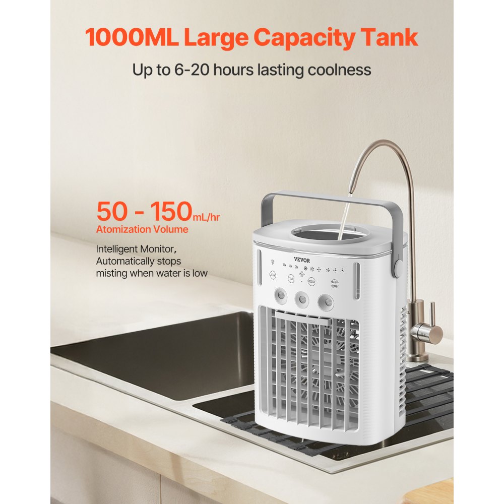 VEVOR Portable Air Conditioner, 4-in-1 Evaporative Air Cooler with Remote Control, 3-Speed Mini Air Conditioner with Timer, 3 Mist Levels, 1L Water Tank, 120° Oscillating Mini AC Fan for Desktop Home