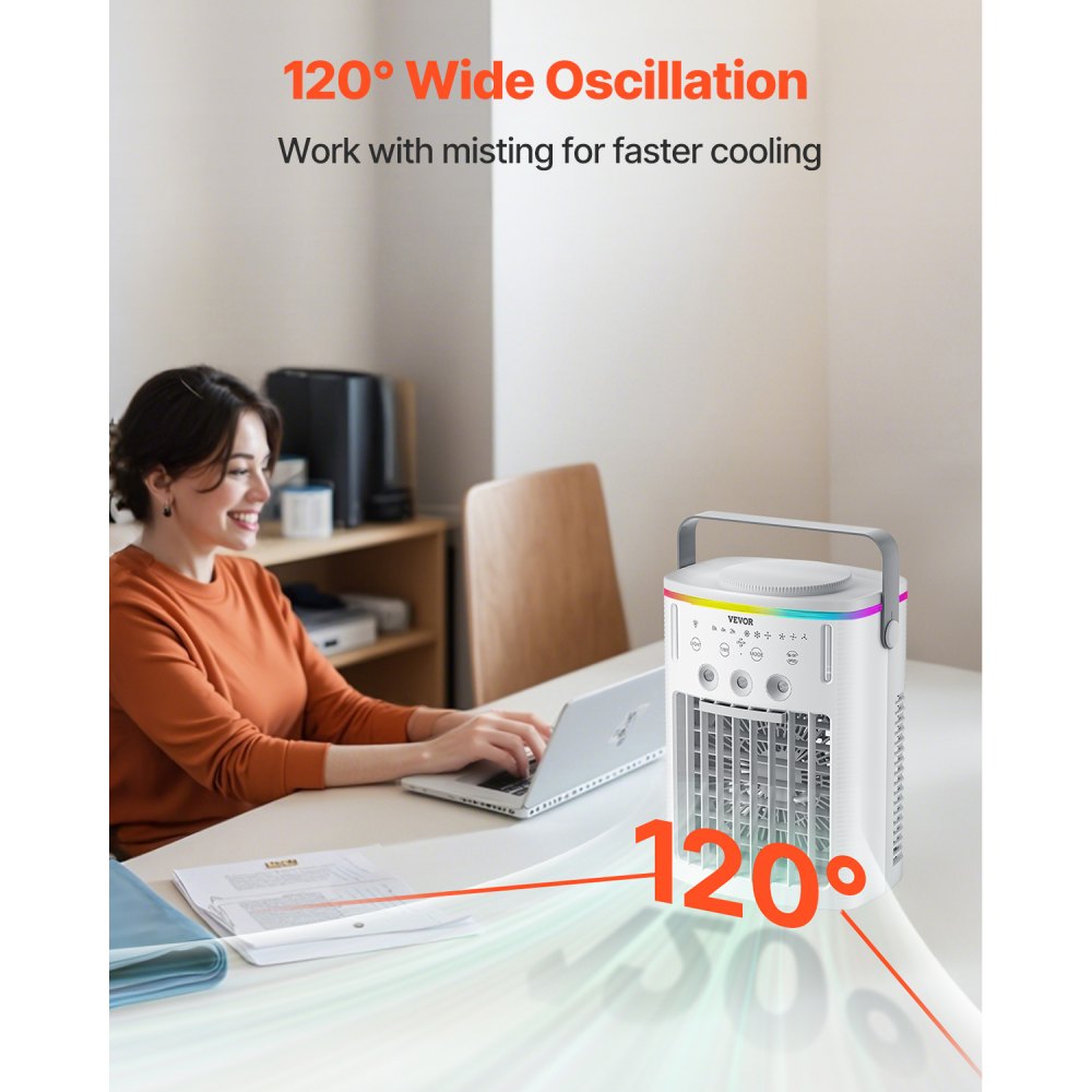 VEVOR Portable Air Conditioner, 4-in-1 Evaporative Air Cooler with Remote Control, 3-Speed Mini Air Conditioner with Timer, 3 Mist Levels, 1L Water Tank, 120° Oscillating Mini AC Fan for Desktop Home
