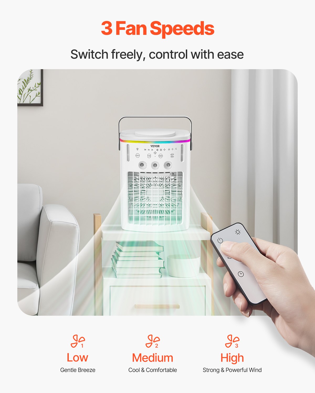 VEVOR Portable Air Conditioner, 4-in-1 Evaporative Air Cooler with Remote Control, 3-Speed Mini Air Conditioner with Timer, 3 Mist Levels, 1L Water Tank, 120° Oscillating Mini AC Fan for Desktop Home