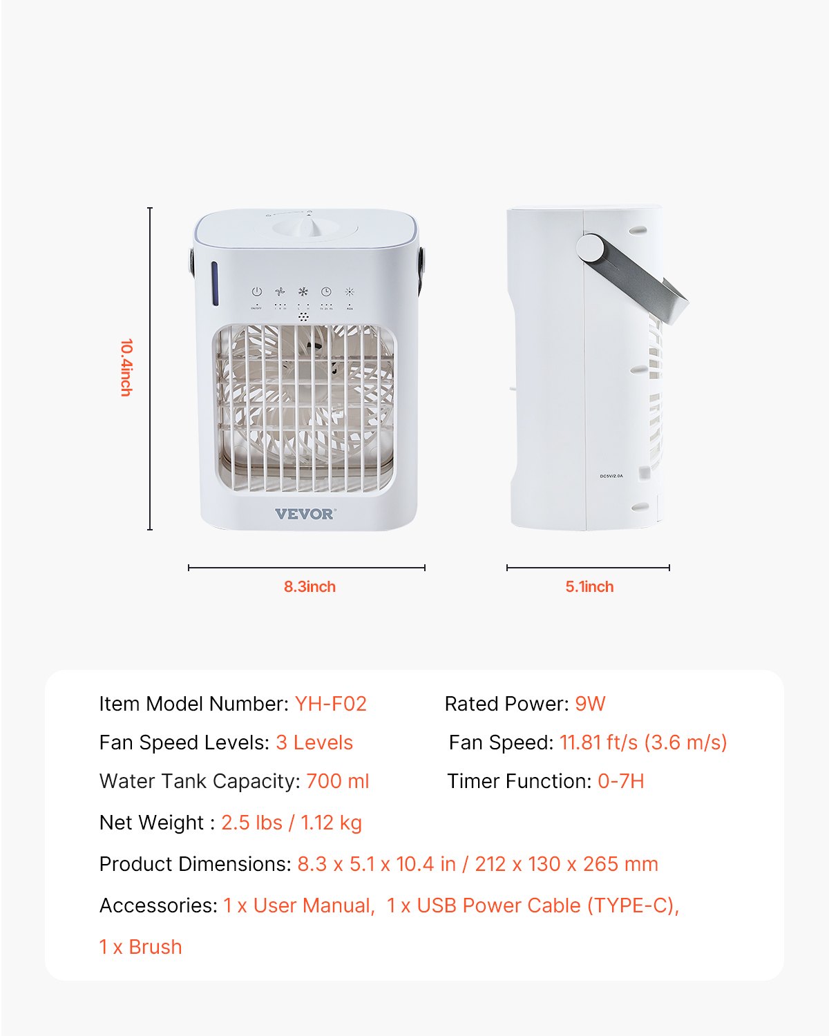 VEVOR Portable Air Conditioner, 4-in-1 Evaporative Air Cooler, 3-Speed Mini Air Conditioner with 0-7H Smart Timer, 700ml Water Tank, 7-Color Light, Personal Mini Desk AC Fan for Bedroom Office Room