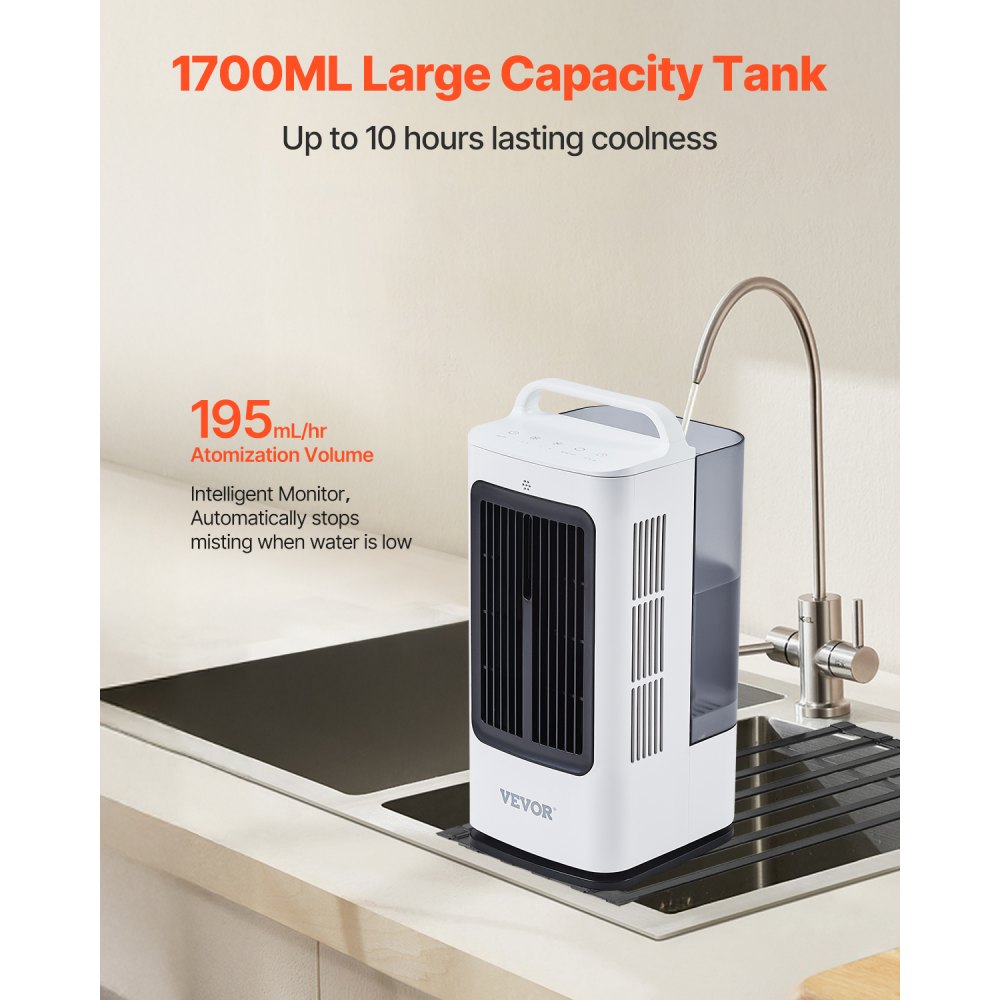 VEVOR Portable Air Conditioner, 4-in-1 Evaporative Air Cooler, 3-Speed Mini Air Conditioner with 0-7H Smart Timer, 1700ml Water Tank, 7-Color Light, Personal Mini Desk AC Fan for Bedroom Office Room