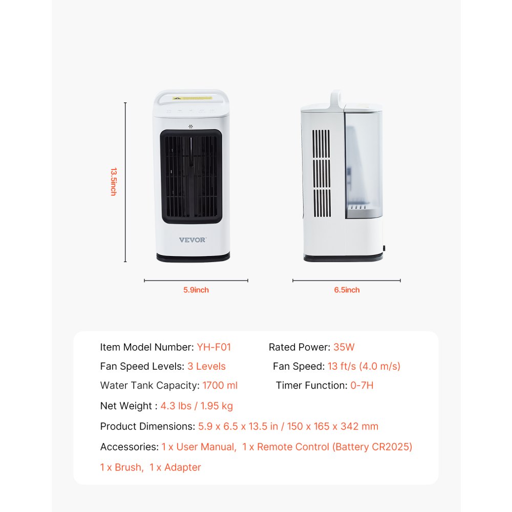 VEVOR Portable Air Conditioner, 4-in-1 Evaporative Air Cooler, 3-Speed Mini Air Conditioner with 0-7H Smart Timer, 1700ml Water Tank, 7-Color Light, Personal Mini Desk AC Fan for Bedroom Office Room
