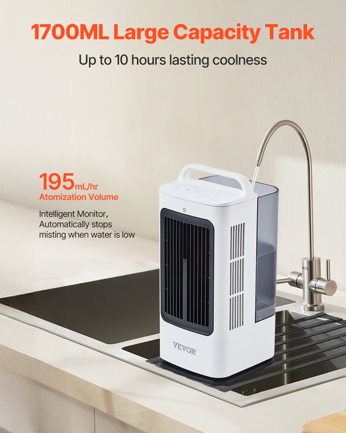 VEVOR Portable Air Conditioner, 4-in-1 Evaporative Air Cooler, 3-Speed Mini Air Conditioner with 0-7H Smart Timer, 1700ml Water Tank, 7-Color Light, Personal Mini Desk AC Fan for Bedroom Office Room