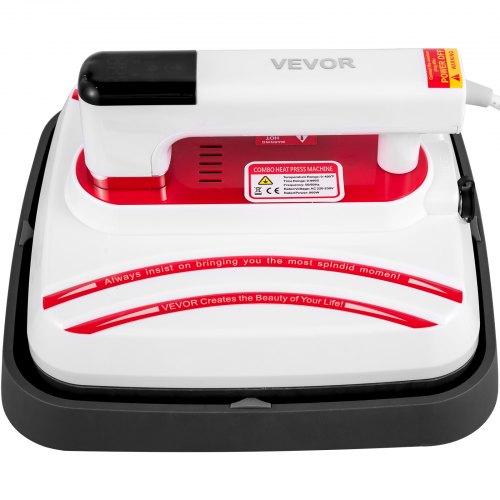 VEVOR Heat Press 10 x 10 Inch Easy Press 3 in 1 800W Portable Red Mini Press Easy Mini Press Vibration Function Heat Press Machine for DIY Mugs, Caps, and T-Shirts with Double-Tube Heating