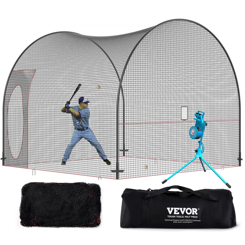 VEVOR Baseball Batting Cage, Softball and Baseball Batting Cage Net and Frame, Practice Portable Cage Net with Carry Bag, Heavy Duty Enclosed Pitching Cage, for Backyard Batting Hitting Training, 12FT