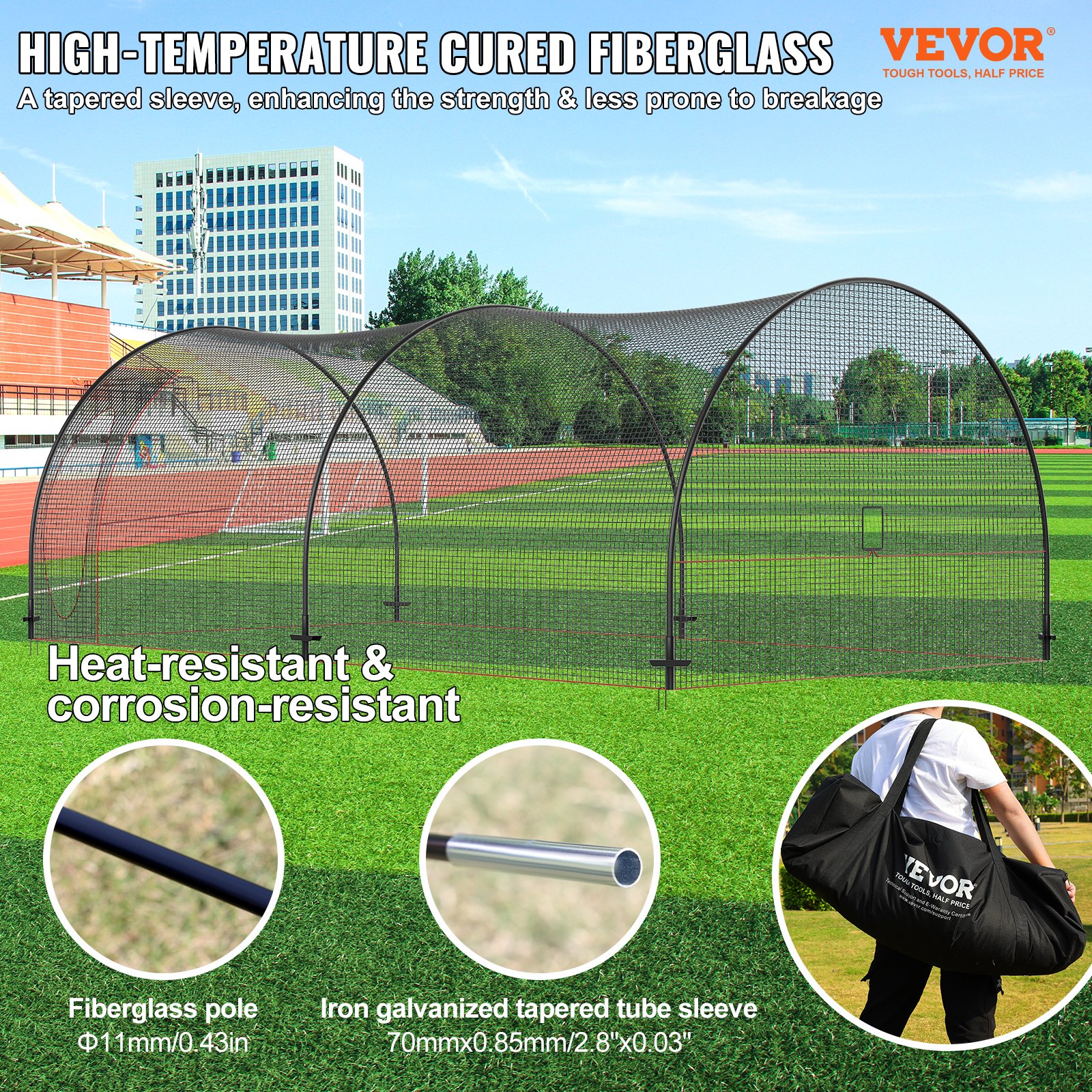 VEVOR Baseball Batting Cage, Softball and Baseball Batting Cage Net and Frame, Practice Portable Cage Net with Carry Bag, Heavy Duty Enclosed Pitching Cage, for Backyard Batting Hitting Training 670CM