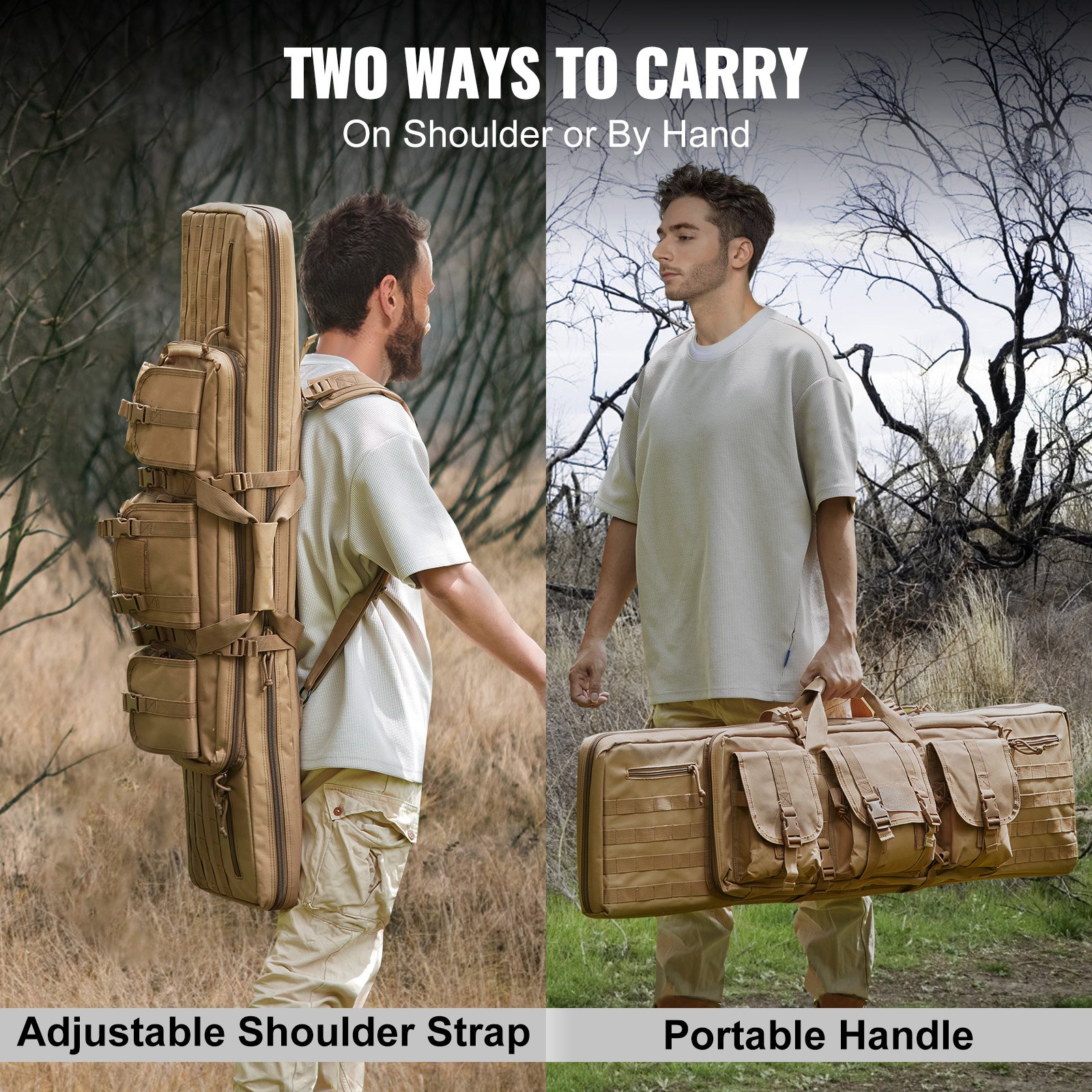 VEVOR Rifle Bag, 42 inch Tactical Double Long Gun Bag, Soft Rifle Case with Lockable Zipper, Portable Handle & Shoulder Strap, 3 Large Storage Pockets Rifle Case for Two 40" Rifles & 2 Pistols, Brown
