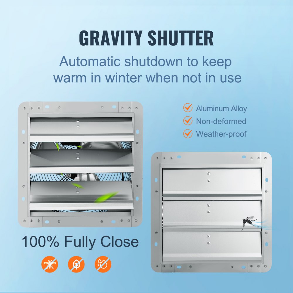 VEVOR Shutter Exhaust Fan, 356 mm High-speed 1400RPM 994 CFM, Aluminum Wall Mount Attic Fan with AC-motor, Ventilation and Cooling for Greenhouses, Garages, Sheds, Shops