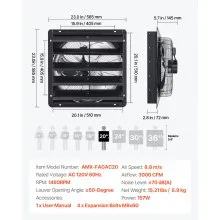 VEVOR 20 in Shutter Exhaust Fan with Speed Controller Wall Mount for Shed