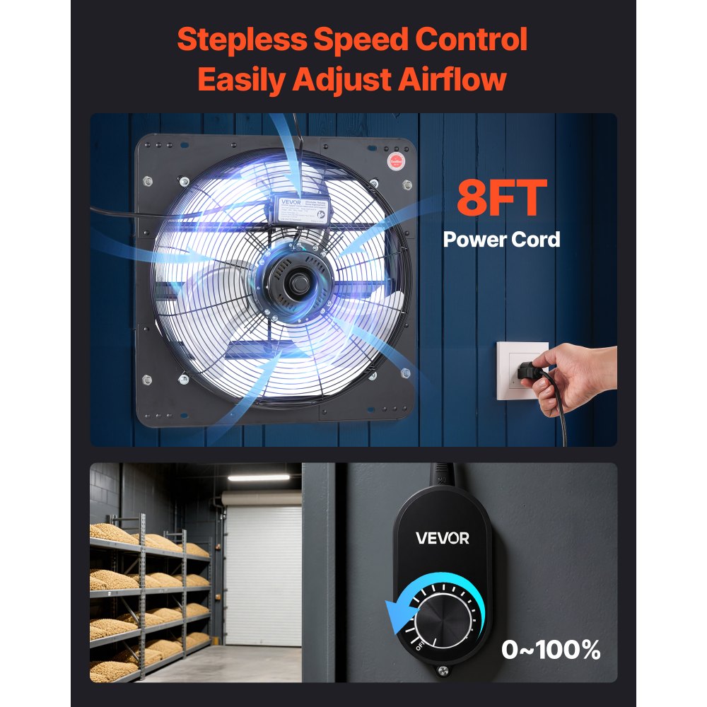 VEVOR Ventilador de escape de 18 pulgadas con persianas, ventilador de ventilación de ático de pared con controlador de velocidad variable, 2200 CFM, motor de CA, acero resistente, bajo nivel de ruido para cobertizos, garajes e invernaderos, color negro