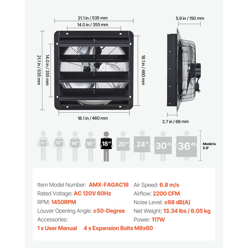 VEVOR Ventilador de escape de 18 pulgadas con persianas, ventilador de ventilación de ático de pared con controlador de velocidad variable, 2200 CFM, motor de CA, acero resistente, bajo nivel de ruido para cobertizos, garajes e invernaderos, color negro
